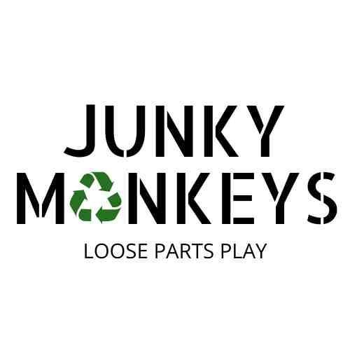 JUNKY MONKEYS logo with a green recycling symbol as the O and the text LOOSE PARTS PLAY below.