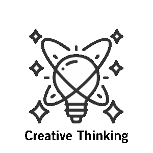 Light bulb icon with orbiting rings and sparkles representing innovation or ideas.